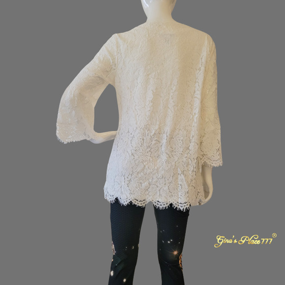 Isaac Mizrahi Live! 3/4Bell Sleeve Scalloped Trim Layered Lace Tunic Top Ivory M - Picture 4 of 12